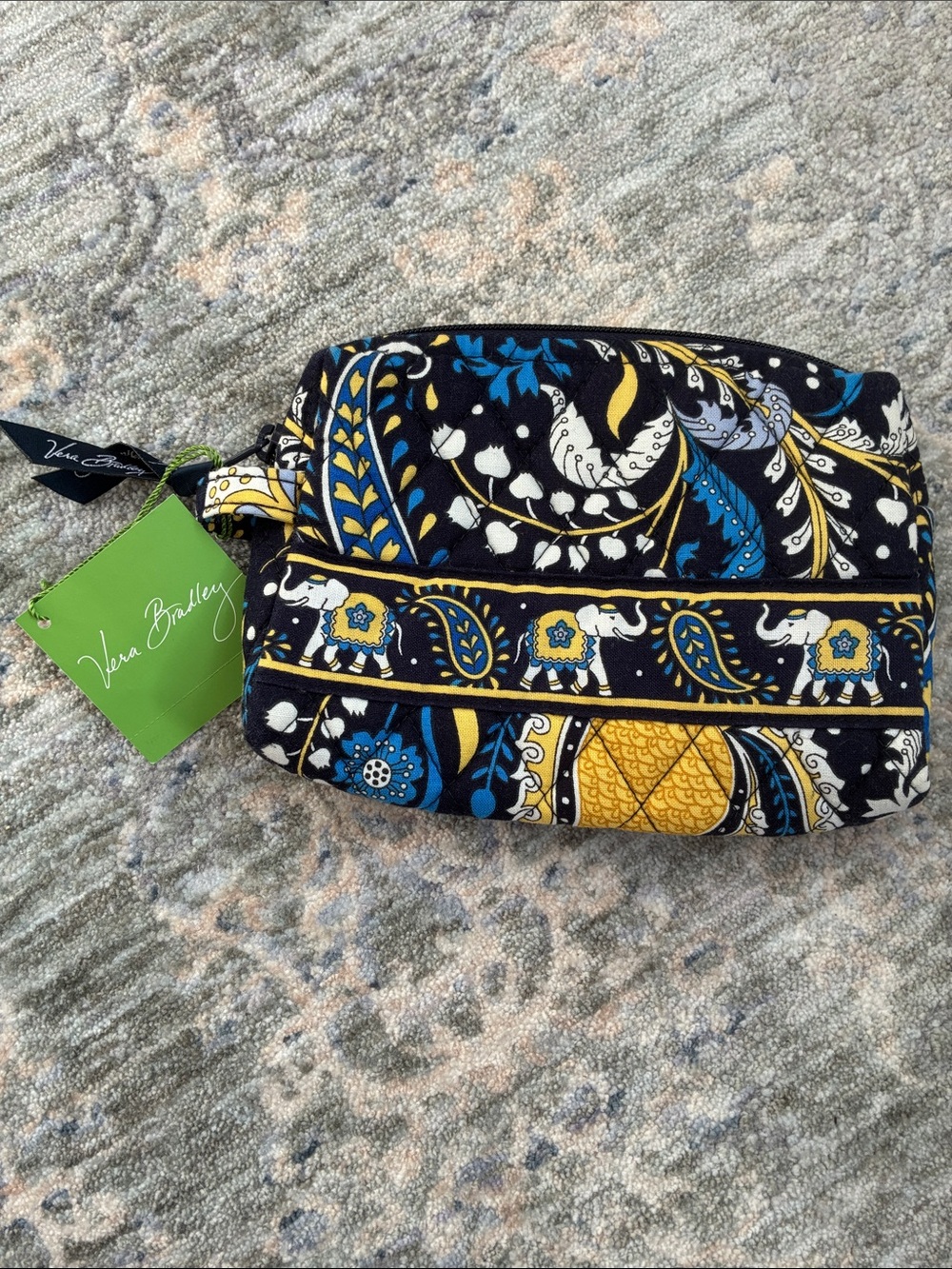 NEW Vera Bradley Quilted Cosmetic Pouch in Navy, Yellow and Blue Paisley. NWT